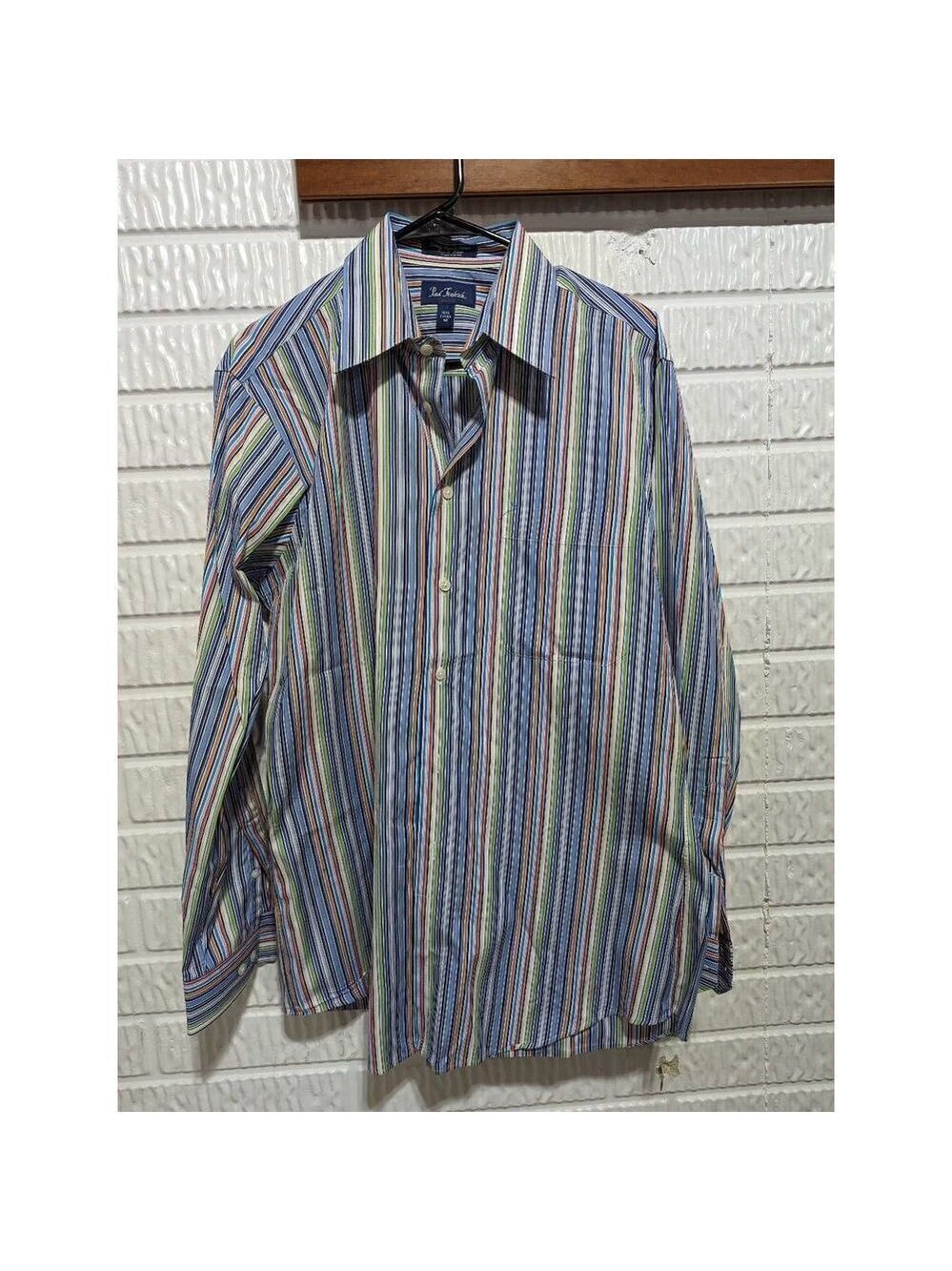 Paul Frederick Men's 100% Cotton Striped Button Front Long Sleeve Shirt Medium